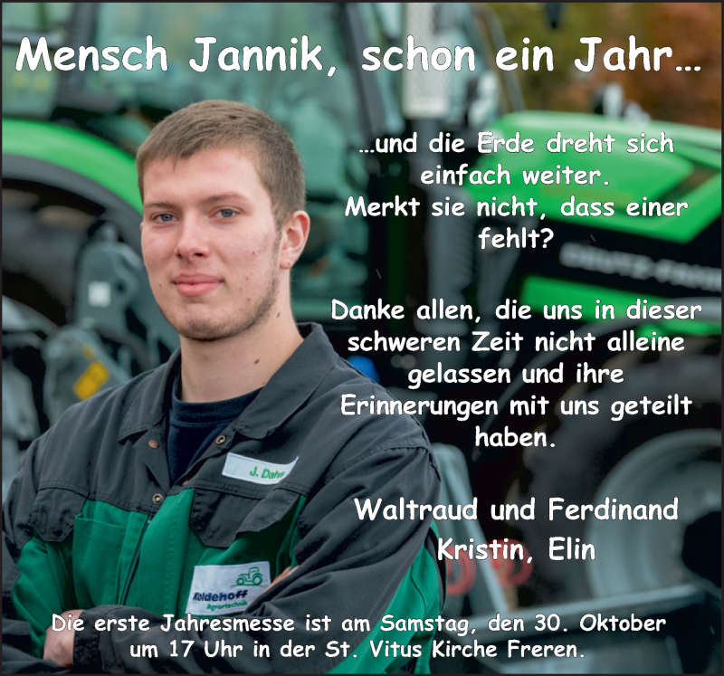  Traueranzeige für Jannik Dahm vom 29.10.2021 aus Neue Osnabrücker Zeitung GmbH & Co. KG