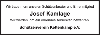 Traueranzeige von Josef Kamlage von Neue Osnabrücker Zeitung GmbH & Co. KG