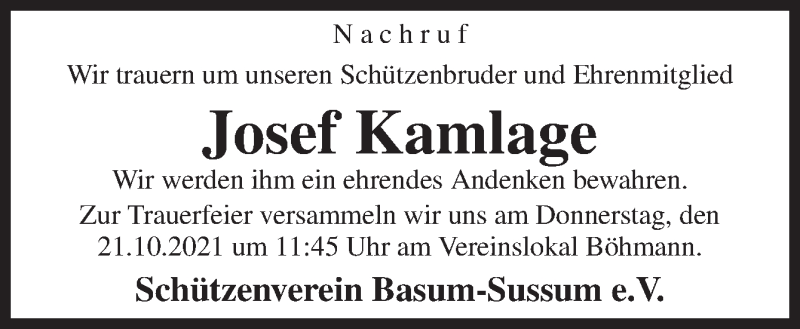  Traueranzeige für Josef Kamlage vom 20.10.2021 aus Neue Osnabrücker Zeitung GmbH & Co. KG