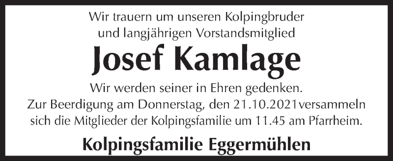  Traueranzeige für Josef Kamlage vom 20.10.2021 aus Neue Osnabrücker Zeitung GmbH & Co. KG