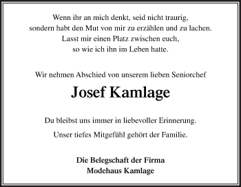 Traueranzeige von Josef Kamlage von Neue Osnabrücker Zeitung GmbH & Co. KG