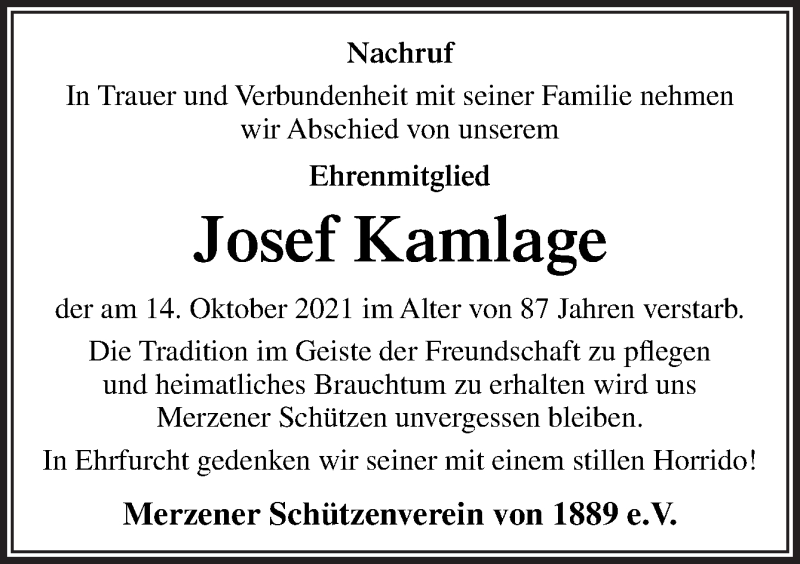  Traueranzeige für Josef Kamlage vom 20.10.2021 aus Neue Osnabrücker Zeitung GmbH & Co. KG