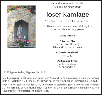 Traueranzeige von Josef Kamlage von Neue Osnabrücker Zeitung GmbH & Co. KG