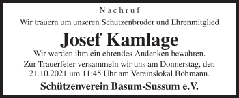 Traueranzeige von Josef Kamlage von Neue Osnabrücker Zeitung GmbH & Co. KG