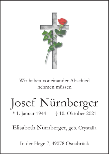 Traueranzeige von Josef Nürnberger von Neue Osnabrücker Zeitung GmbH & Co. KG