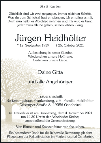 Traueranzeige von Jürgen Heidhölter von Neue Osnabrücker Zeitung GmbH & Co. KG