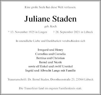Traueranzeige von Juliane Staden von Neue Osnabrücker Zeitung GmbH & Co. KG