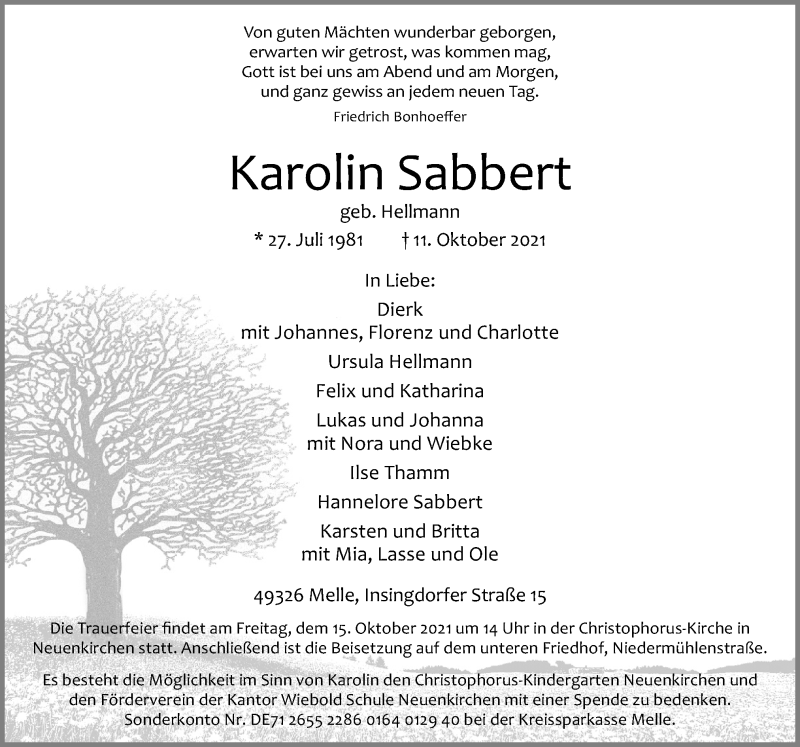 Traueranzeige für Karolin Sabbert vom 13.10.2021 aus Neue Osnabrücker Zeitung GmbH & Co. KG