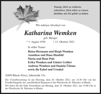 Traueranzeige von Katharina Wemken von Neue Osnabrücker Zeitung GmbH & Co. KG