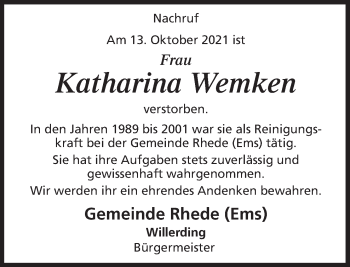 Traueranzeige von Katharina Wemken von Neue Osnabrücker Zeitung GmbH & Co. KG