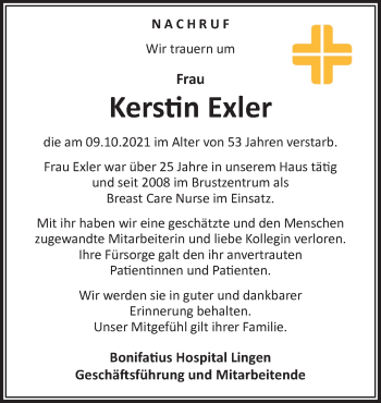 Traueranzeige von Kerstin Exler von Neue Osnabrücker Zeitung GmbH & Co. KG
