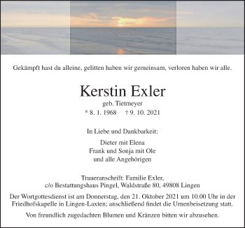 Traueranzeige von Kerstin Exler von Neue Osnabrücker Zeitung GmbH & Co. KG