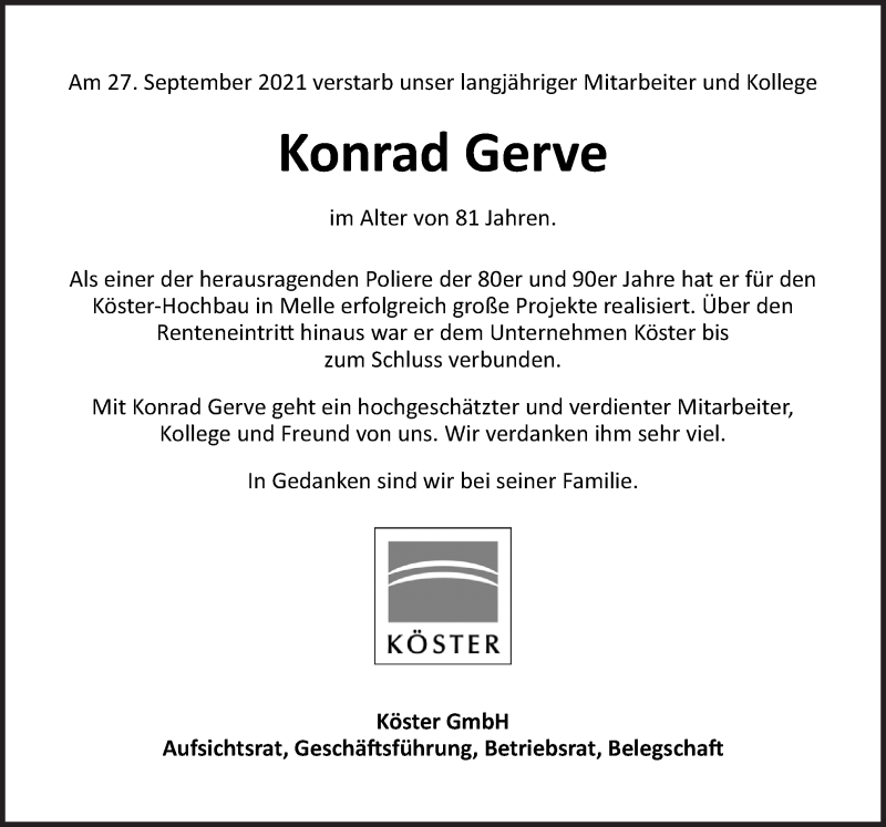  Traueranzeige für Konrad Gerve vom 02.10.2021 aus Neue Osnabrücker Zeitung GmbH & Co. KG