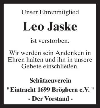 Traueranzeige von Leo Jaske von Neue Osnabrücker Zeitung GmbH & Co. KG