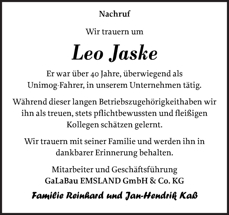  Traueranzeige für Leo Jaske vom 08.10.2021 aus Neue Osnabrücker Zeitung GmbH & Co. KG