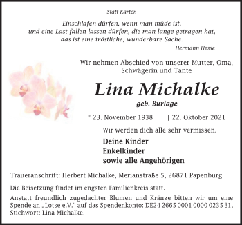 Traueranzeige von Lina Michalke von Neue Osnabrücker Zeitung GmbH & Co. KG