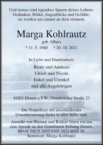 Traueranzeige von Marga Kohlrautz von Neue Osnabrücker Zeitung GmbH & Co. KG