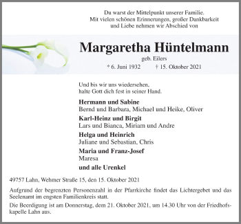 Traueranzeige von Margaretha Hüntelmann von Neue Osnabrücker Zeitung GmbH & Co. KG
