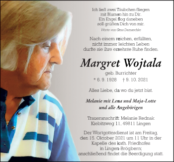 Traueranzeige von Margret Wojtala von Neue Osnabrücker Zeitung GmbH & Co. KG