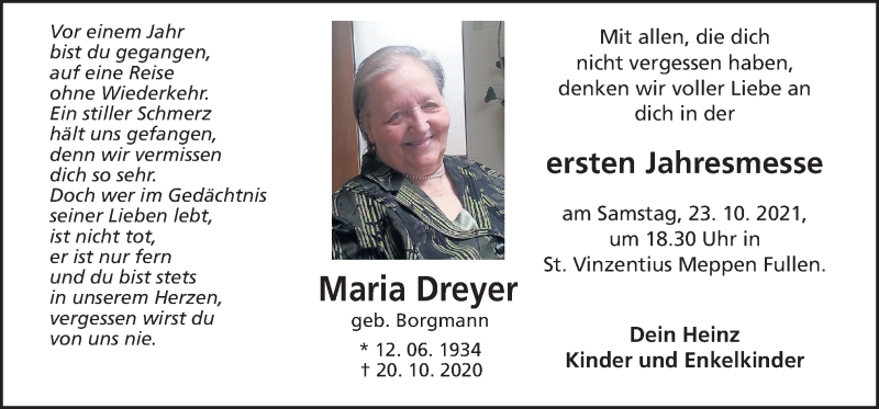  Traueranzeige für Maria Dreyer vom 20.10.2021 aus Neue Osnabrücker Zeitung GmbH & Co. KG