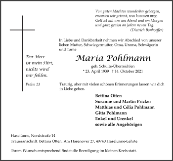 Traueranzeige von Maria Pohlmann von Neue Osnabrücker Zeitung GmbH & Co. KG