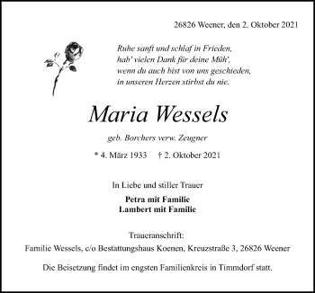 Traueranzeige von Maria Wessels von Neue Osnabrücker Zeitung GmbH & Co. KG