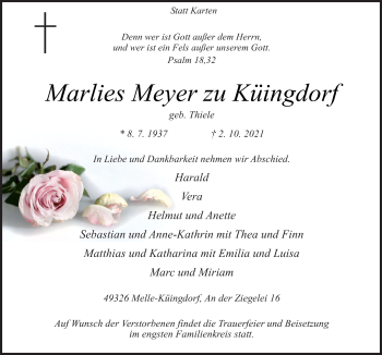 Traueranzeige von Marlies Meyer zu Küingdorf von Neue Osnabrücker Zeitung GmbH & Co. KG