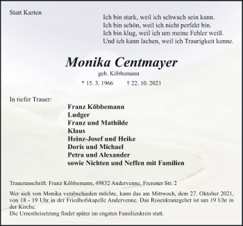 Traueranzeige von Monika Centmayer von Neue Osnabrücker Zeitung GmbH & Co. KG