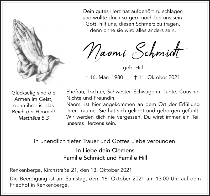  Traueranzeige für Naomi Schmidt vom 15.10.2021 aus Neue Osnabrücker Zeitung GmbH & Co. KG