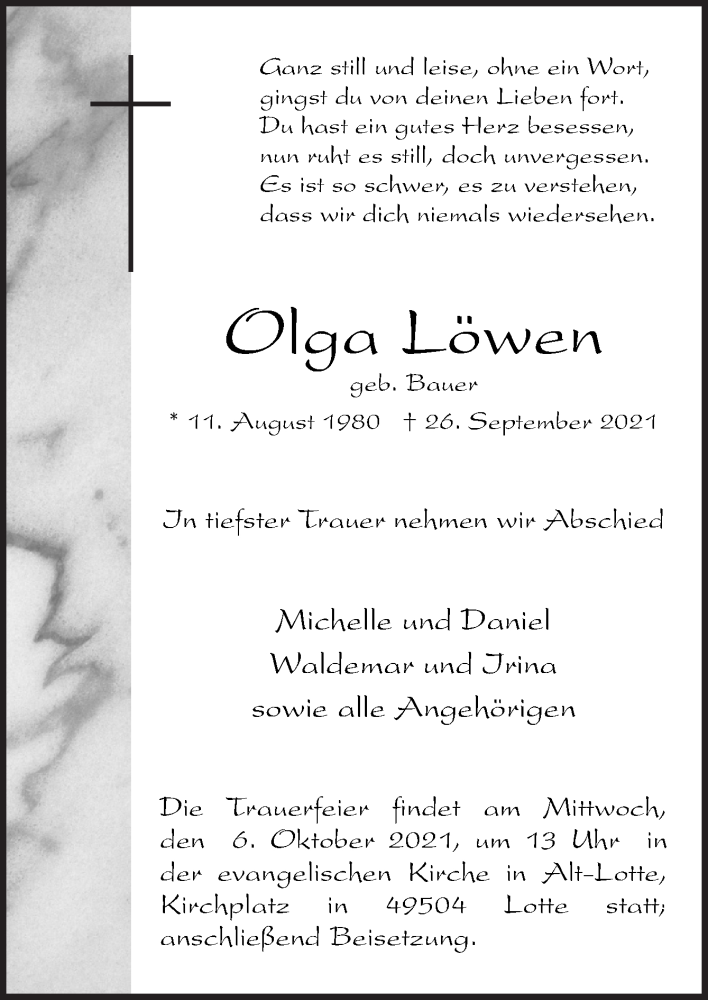  Traueranzeige für Olga Löwen vom 02.10.2021 aus Neue Osnabrücker Zeitung GmbH & Co. KG