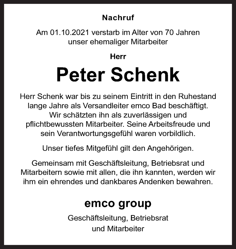  Traueranzeige für Peter Schenk vom 14.10.2021 aus Neue Osnabrücker Zeitung GmbH & Co. KG