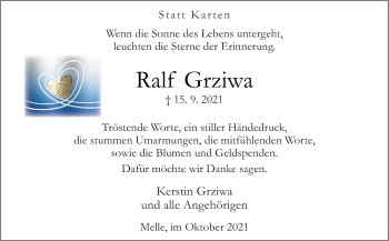 Traueranzeige von Ralf Grziwa von Neue Osnabrücker Zeitung GmbH & Co. KG