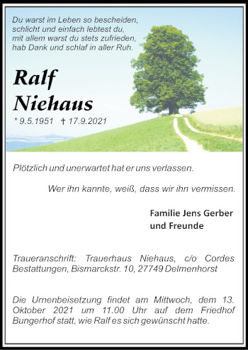 Traueranzeige von Ralf Niehaus von Neue Osnabrücker Zeitung GmbH & Co. KG