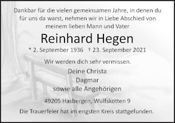 Traueranzeige von Reinhard Hegen von Neue Osnabrücker Zeitung GmbH & Co. KG