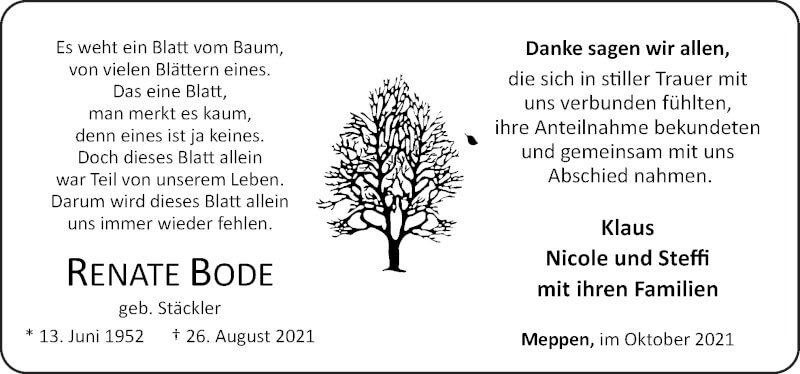  Traueranzeige für Renate Bode vom 09.10.2021 aus Neue Osnabrücker Zeitung GmbH & Co. KG
