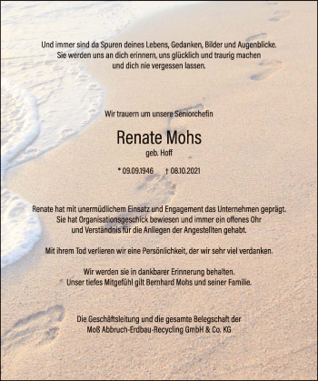 Traueranzeige von Renate Mohs von Neue Osnabrücker Zeitung GmbH & Co. KG