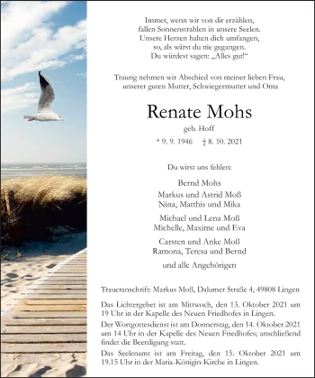 Traueranzeige von Renate Mohs von Neue Osnabrücker Zeitung GmbH & Co. KG