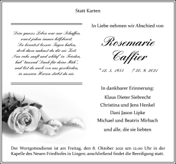Traueranzeige von Rosemarie Caffier von Neue Osnabrücker Zeitung GmbH & Co. KG