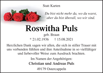 Traueranzeige von Roswitha Puls von Neue Osnabrücker Zeitung GmbH & Co. KG