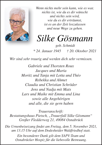 Traueranzeige von Silke Gösmann von Neue Osnabrücker Zeitung GmbH & Co. KG