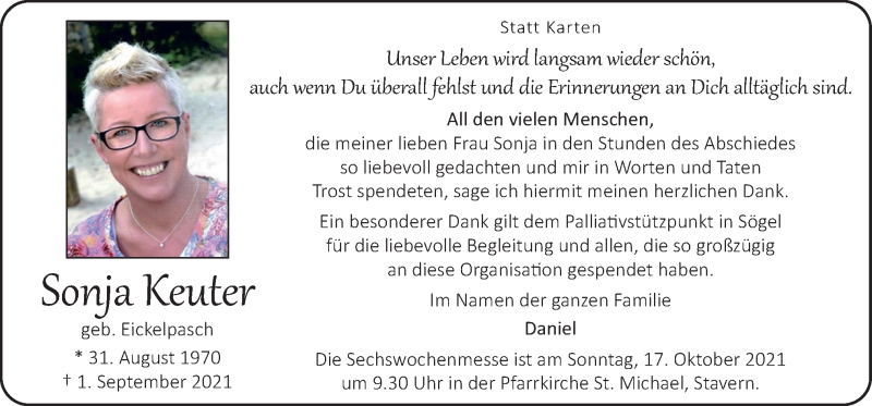  Traueranzeige für Sonja Keuter vom 16.10.2021 aus Neue Osnabrücker Zeitung GmbH & Co. KG