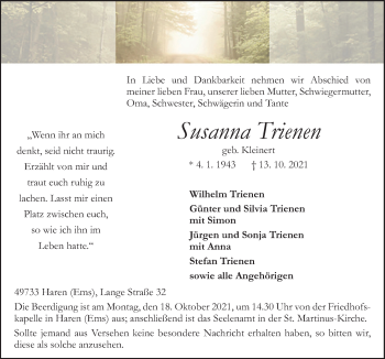 Traueranzeige von Susanna Trienen von Neue Osnabrücker Zeitung GmbH & Co. KG