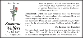 Traueranzeige von Susanne Wulfers von Neue Osnabrücker Zeitung GmbH & Co. KG