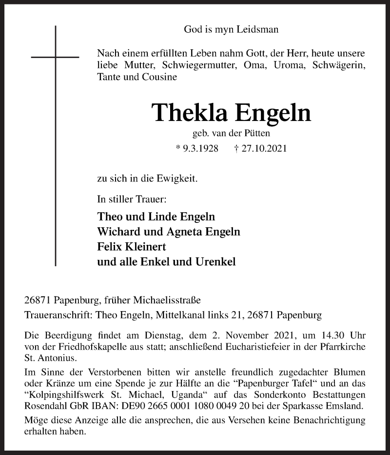  Traueranzeige für Thekla Engeln vom 29.10.2021 aus Neue Osnabrücker Zeitung GmbH & Co. KG