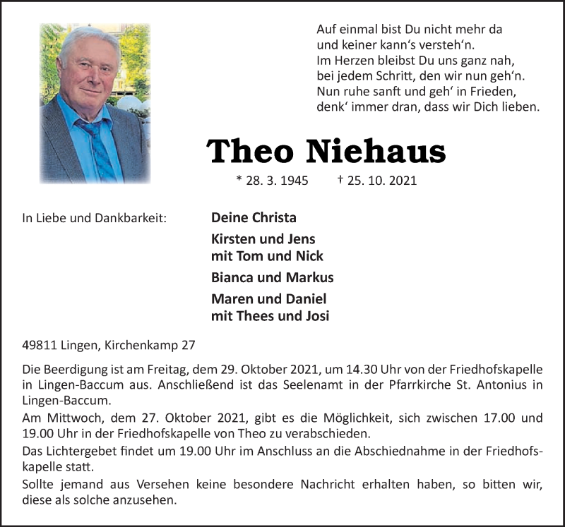  Traueranzeige für Theo Niehaus vom 27.10.2021 aus Neue Osnabrücker Zeitung GmbH & Co. KG