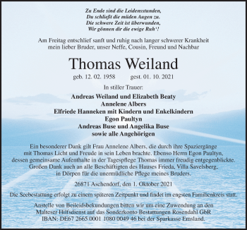 Traueranzeige von Thomas Weiland von Neue Osnabrücker Zeitung GmbH & Co. KG