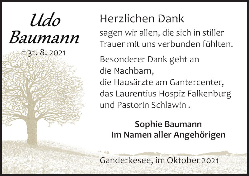  Traueranzeige für Udo Baumann vom 09.10.2021 aus Neue Osnabrücker Zeitung GmbH & Co. KG