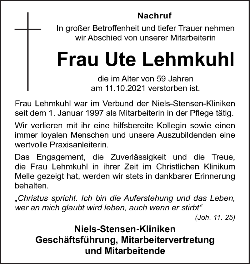  Traueranzeige für Ute Lehmkuhl vom 19.10.2021 aus Neue Osnabrücker Zeitung GmbH & Co. KG