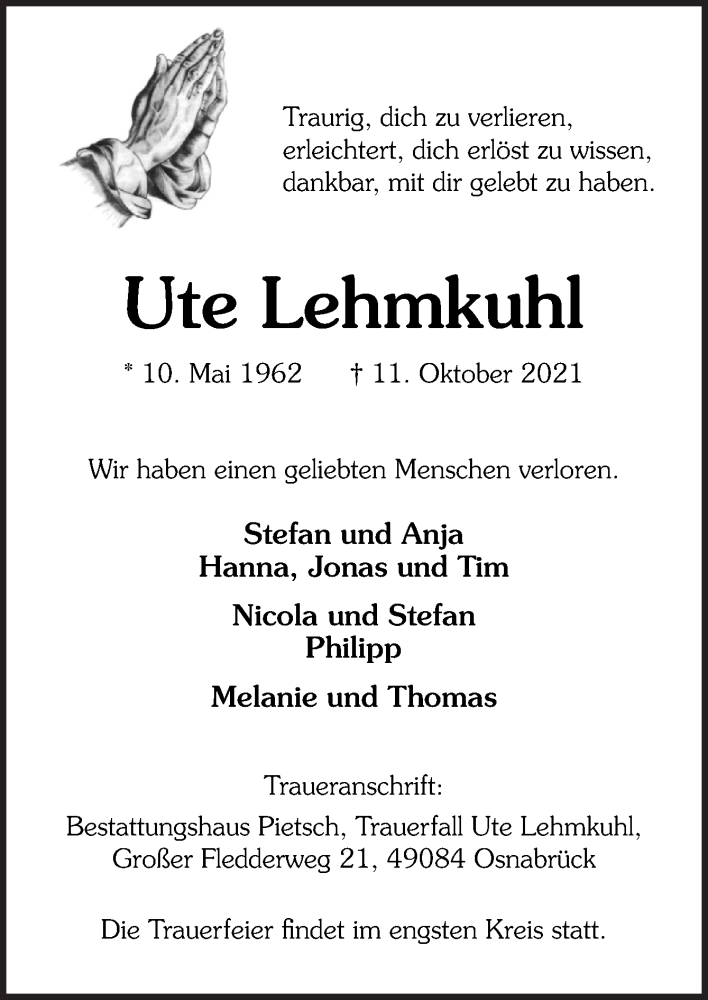  Traueranzeige für Ute Lehmkuhl vom 16.10.2021 aus Neue Osnabrücker Zeitung GmbH & Co. KG