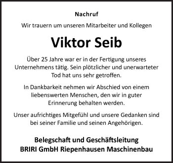 Traueranzeige von Viktor Seib von Neue Osnabrücker Zeitung GmbH & Co. KG